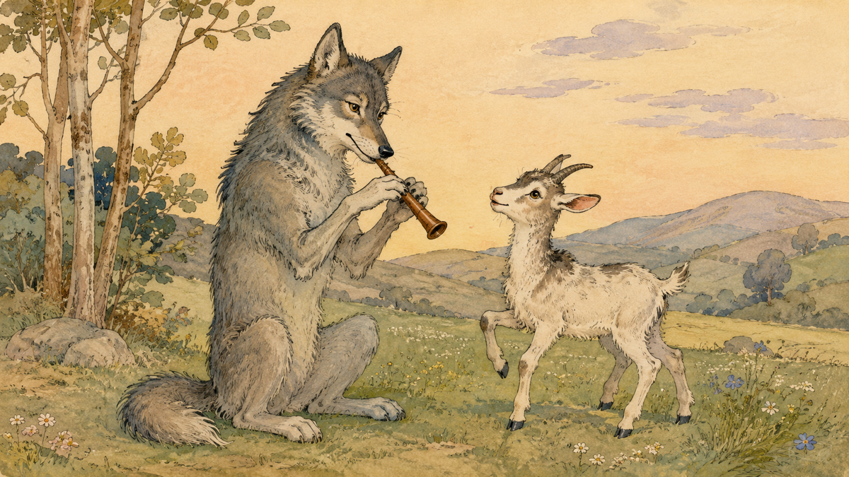 Scene from Aesop's fable The Wolf and the Kid