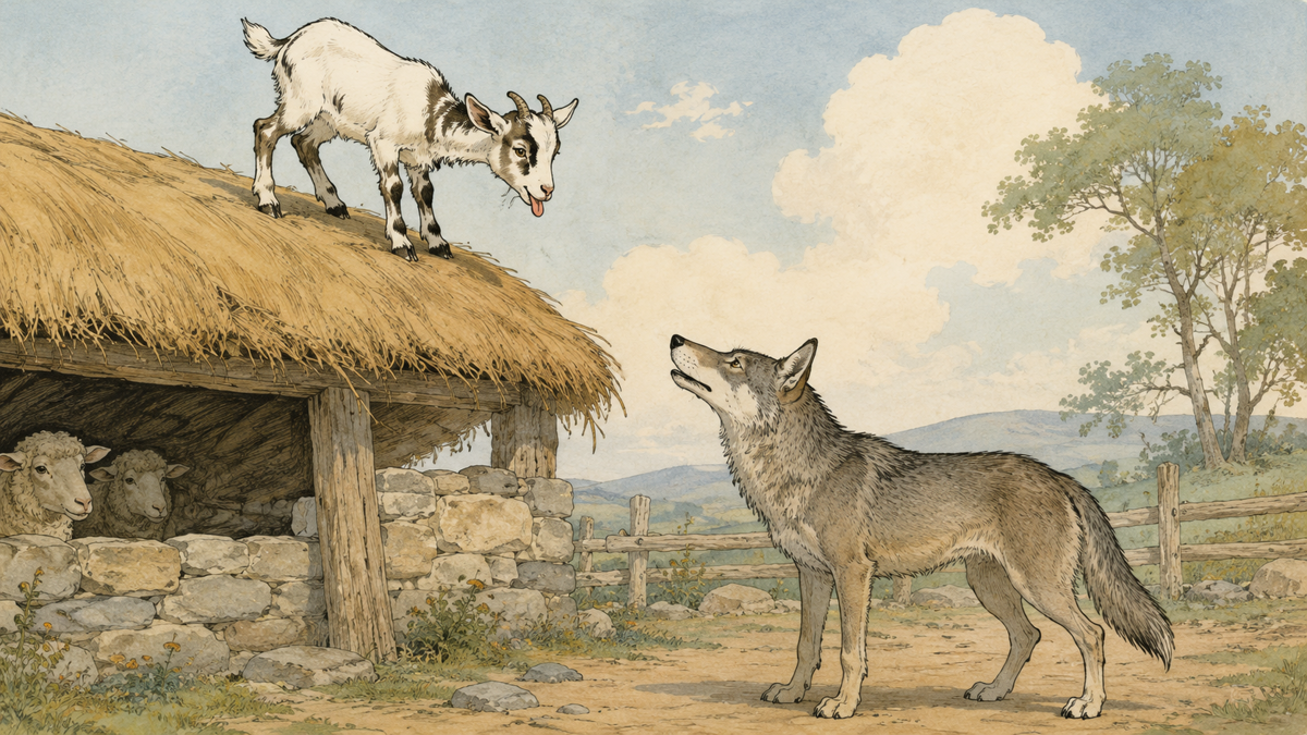 Scene from Aesop's fable The Kid and the Wolf