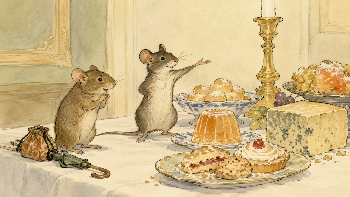 Scene from Aesop's fable The Town Mouse and the Country Mouse