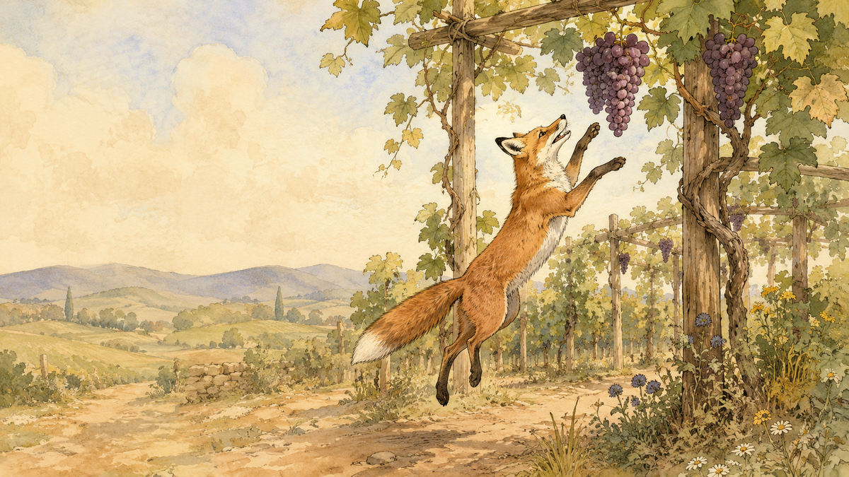 Scene from Aesop's fable The Fox and the Grapes