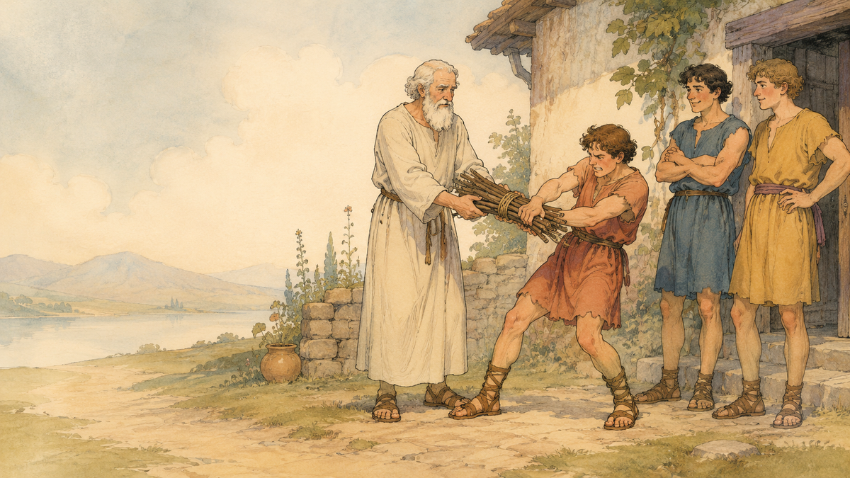 Scene from Aesop's fable The Bundle of Sticks