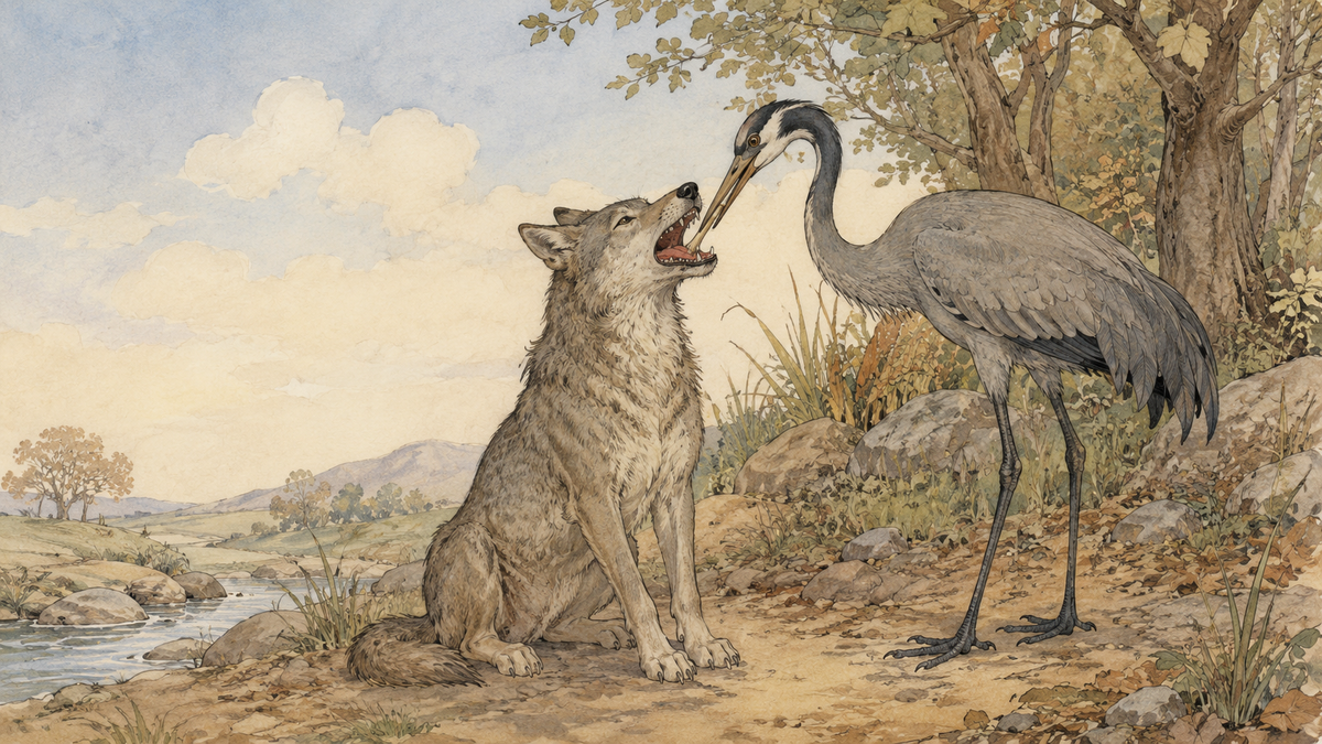 Scene from Aesop's fable The Wolf and the Crane