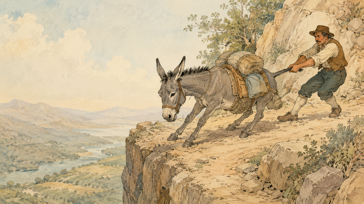 Scene from Aesop's fable The Donkey and His Driver