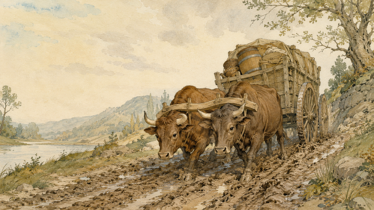 Scene from Aesop's fable The Oxen and the Wheels