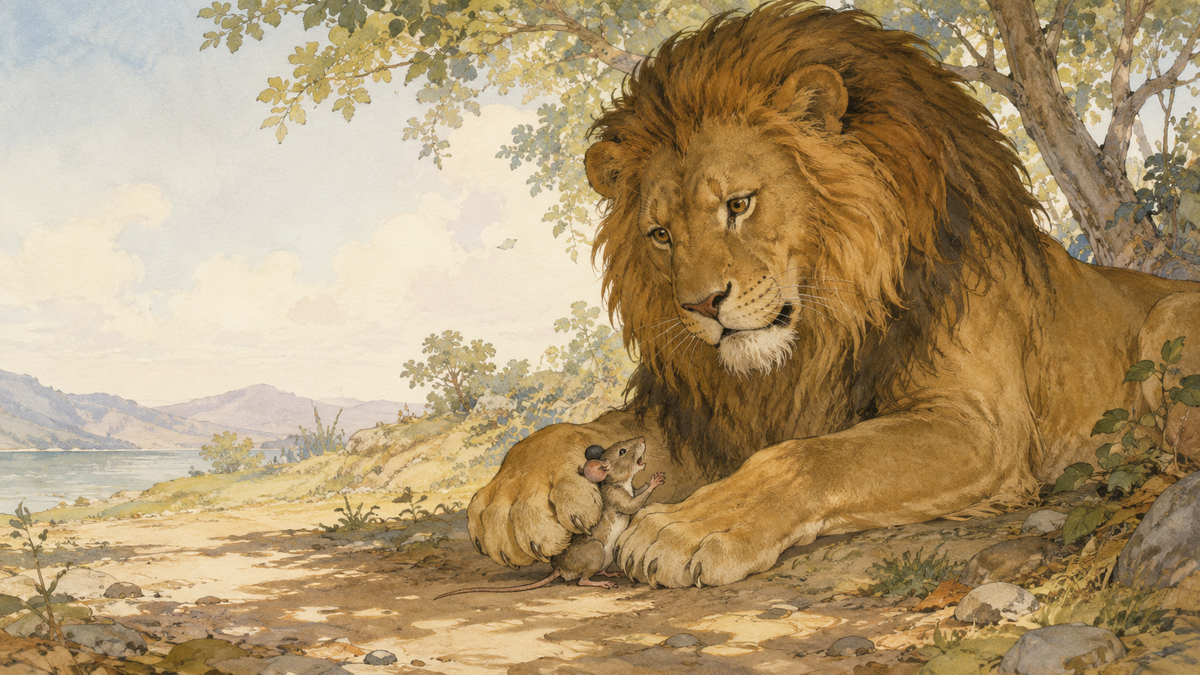Scene from Aesop's fable The Lion and the Mouse