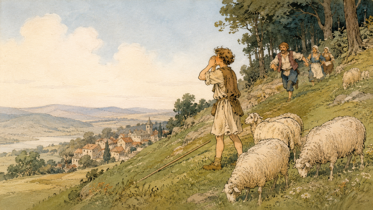 Scene from Aesop's fable The Shepherd Boy and the Wolf