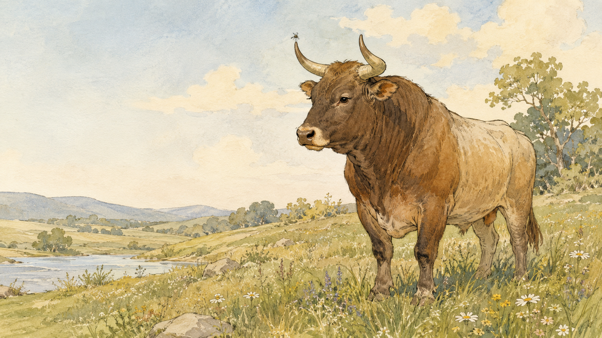Scene from Aesop's fable The Gnat and the Bull