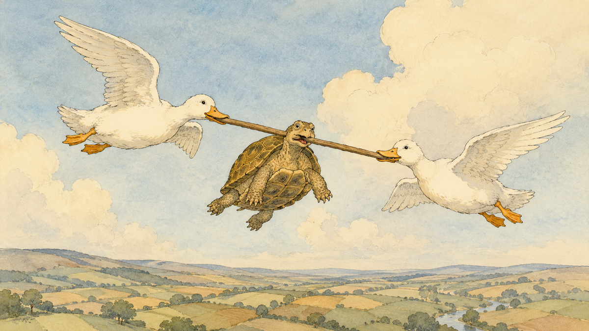 Scene from Aesop's fable The Tortoise and the Ducks