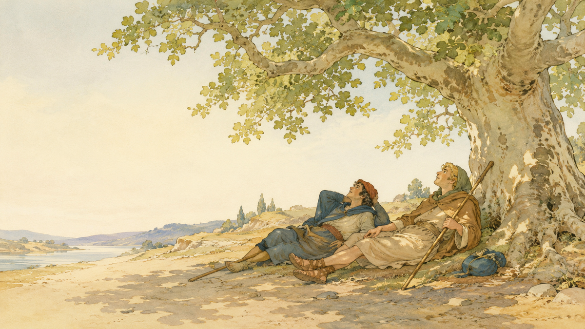 Scene from Aesop's fable The Plane Tree