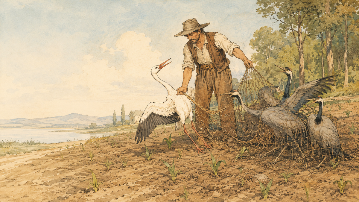 Scene from Aesop's fable The Farmer and the Stork