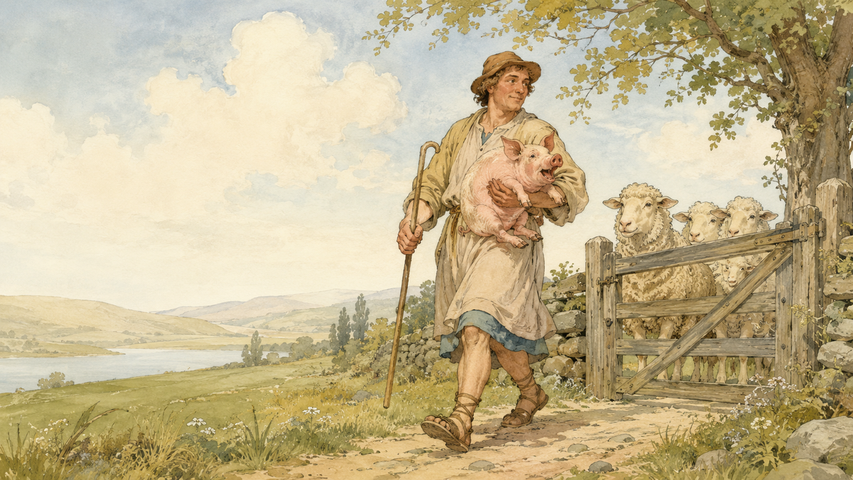 Scene from Aesop's fable The Sheep and the Pig