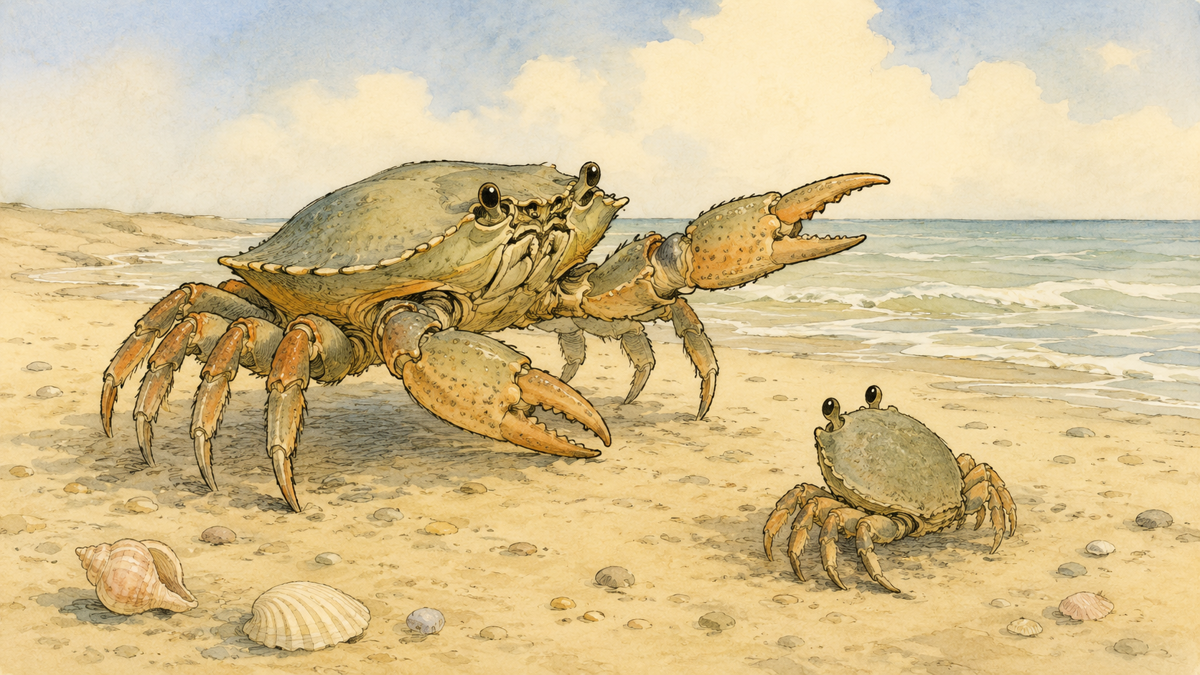 Scene from Aesop's fable The Young Crab and His Mother