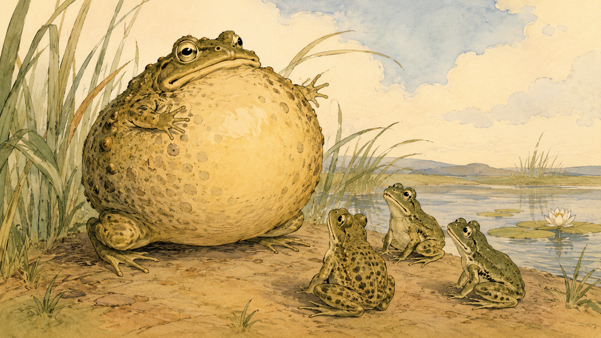 Scene from Aesop's fable The Frogs and the Ox