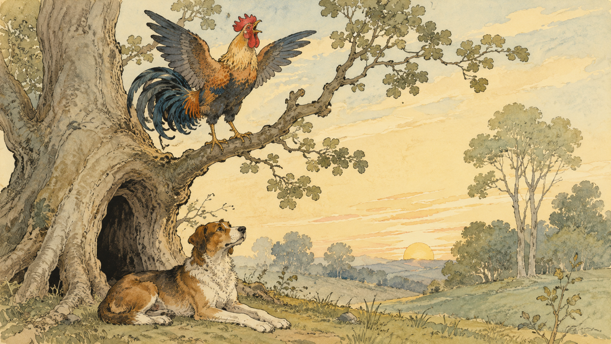 Scene from Aesop's fable The Dog, the Rooster, and the Fox