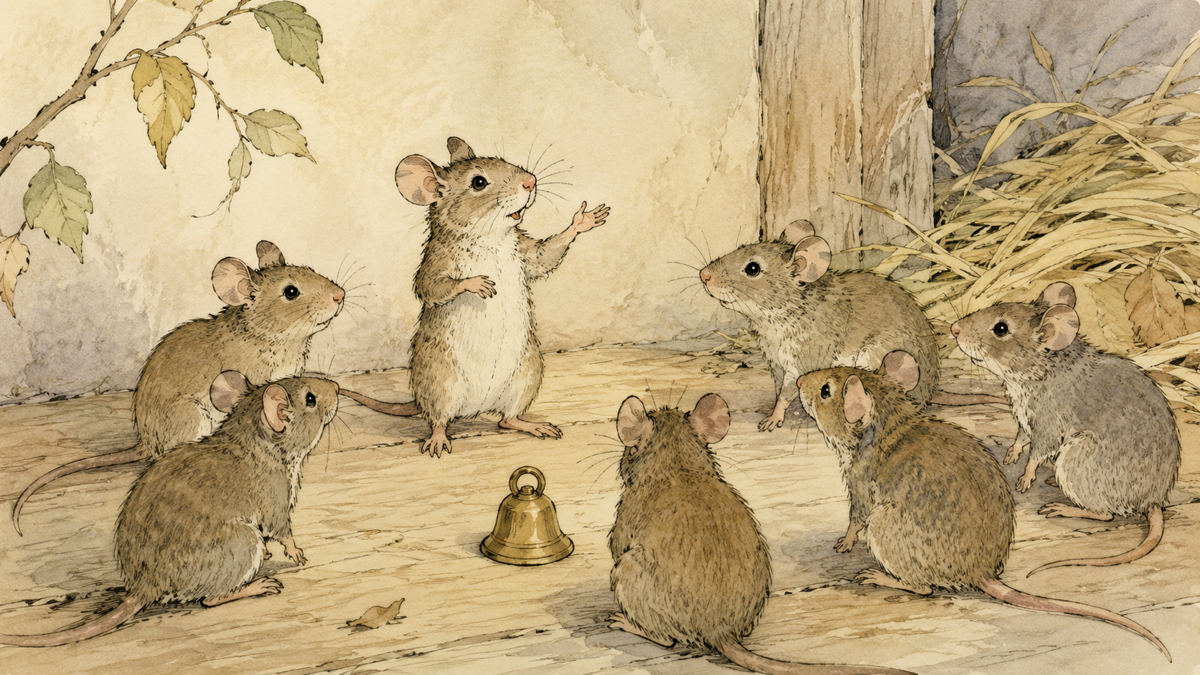 Scene from Aesop's fable Belling the Cat