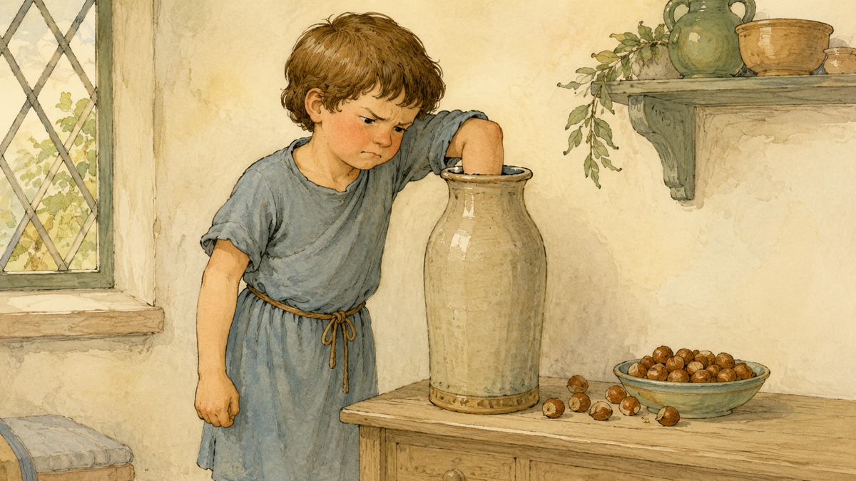 Scene from Aesop's fable The Boy and the Filberts