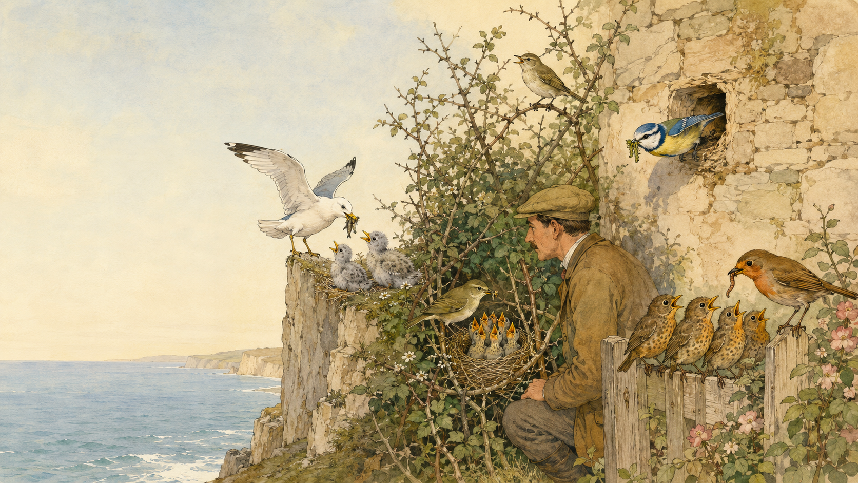 Illustration for Birds of the Air Chapter 6, Birds Feeding Their Young