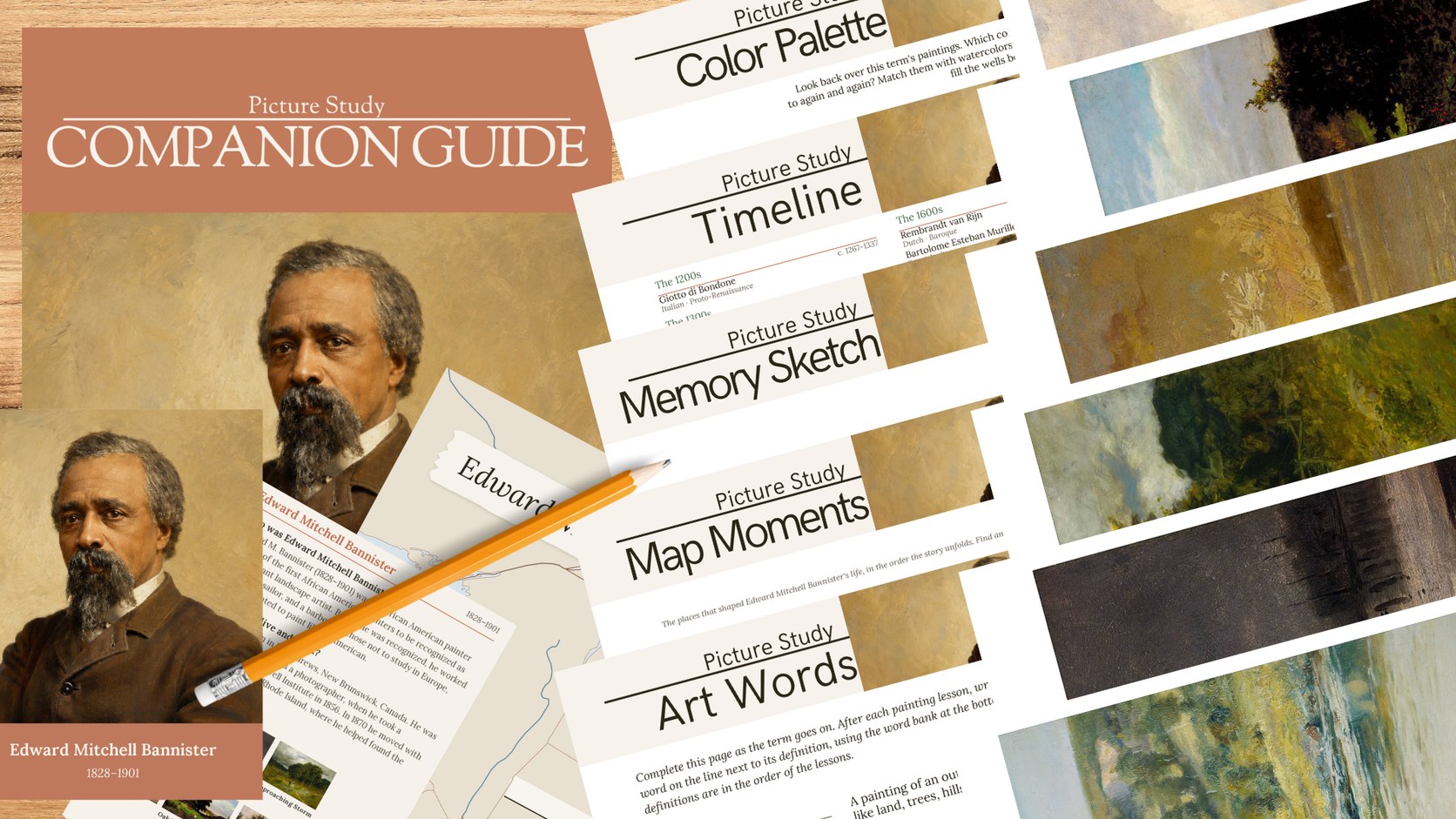 The Edward Mitchell Bannister Picture Study Companion from Kindred Thicket: the cover with the timeline card, map moments, art words, memory sketch, timeline, and color palette pages