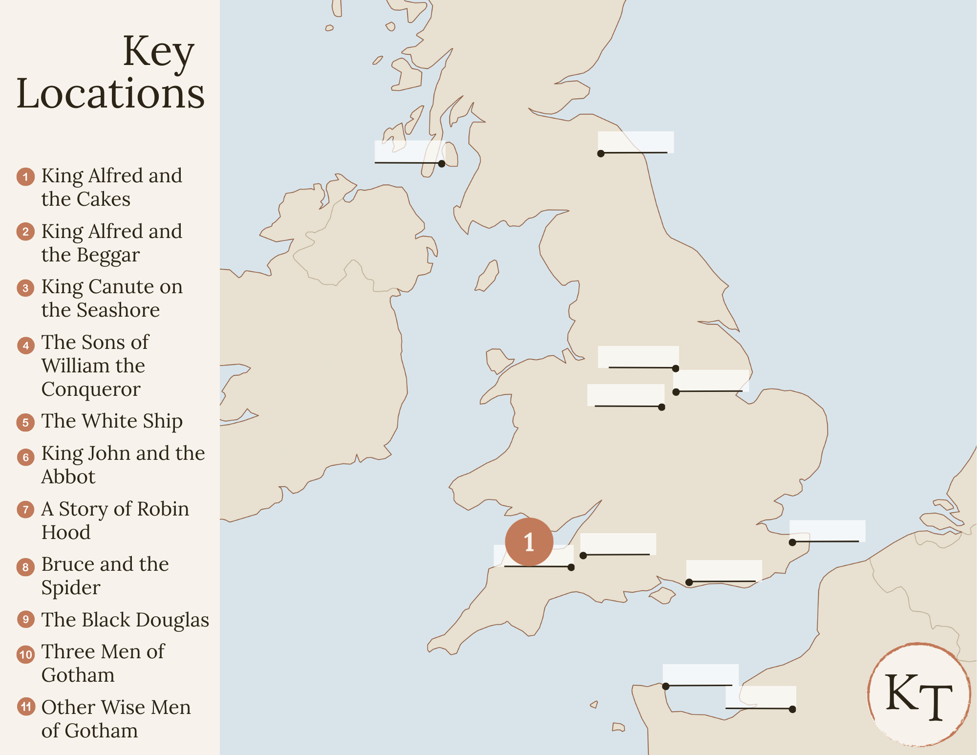 Key Locations map for Fifty Famous Stories Retold Chapter 1, with the Athelney Marshes marked