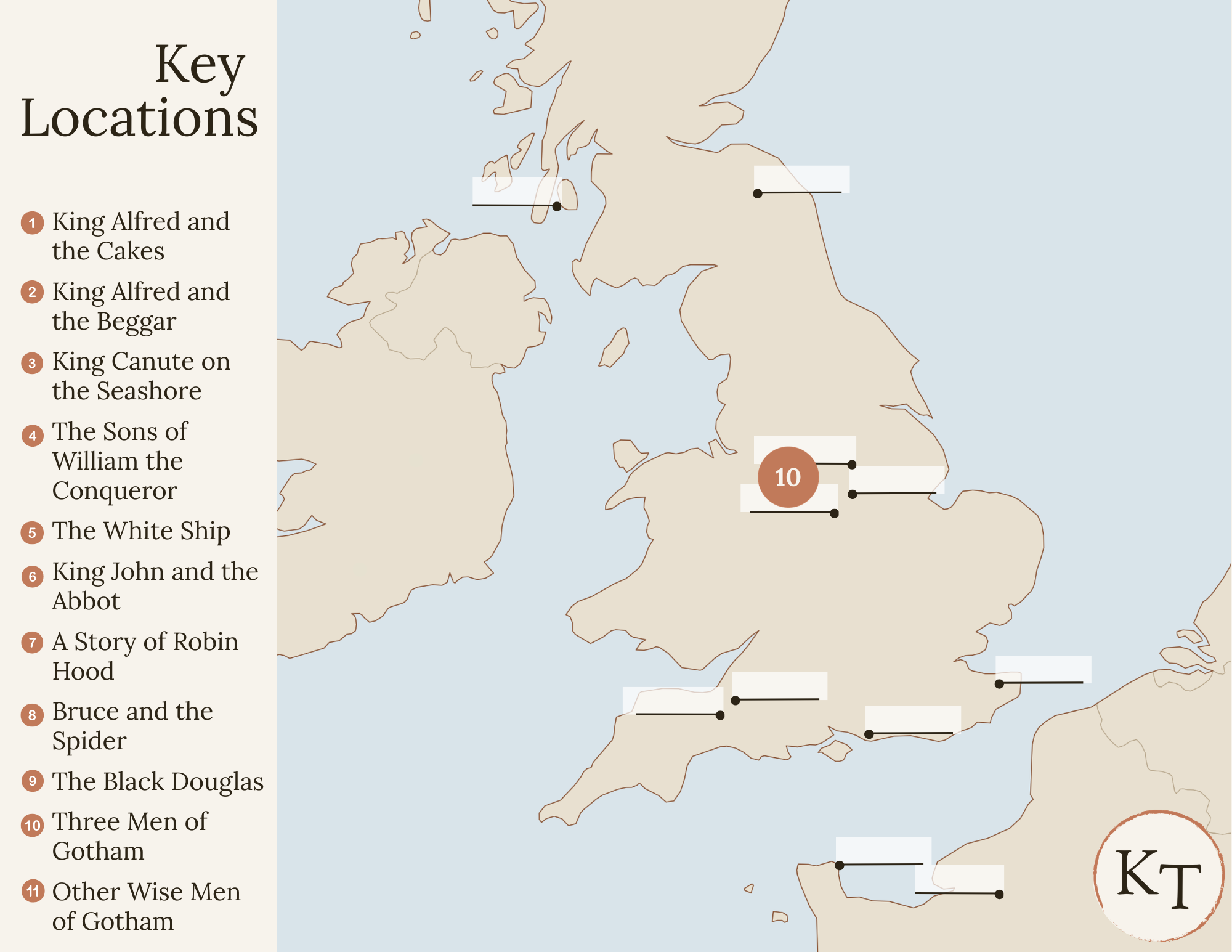 Key Locations map for Fifty Famous Stories Retold Chapter 10, with the River Soar Bridge marked