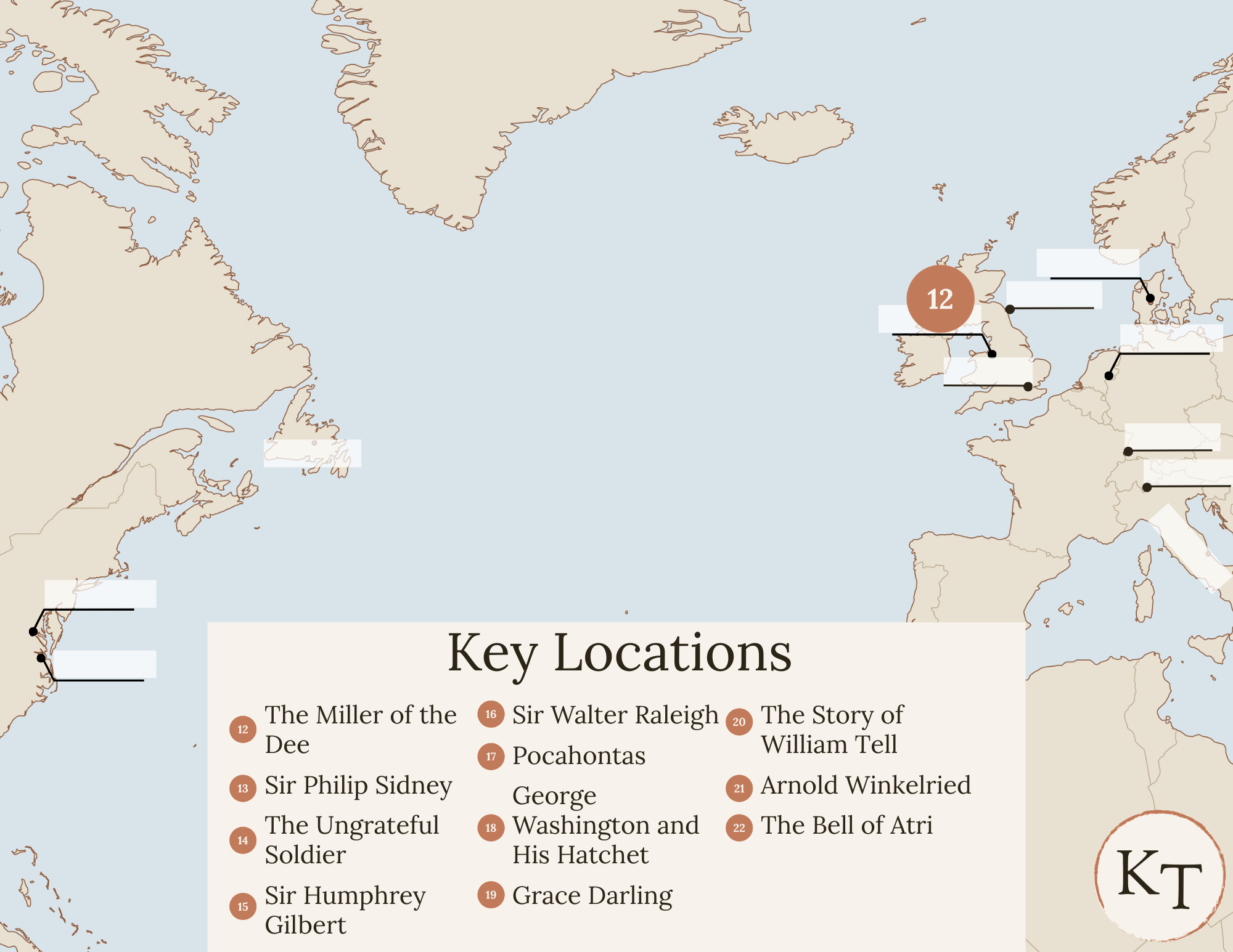 Key Locations map for Fifty Famous Stories Retold Chapter 12, with the River Dee marked