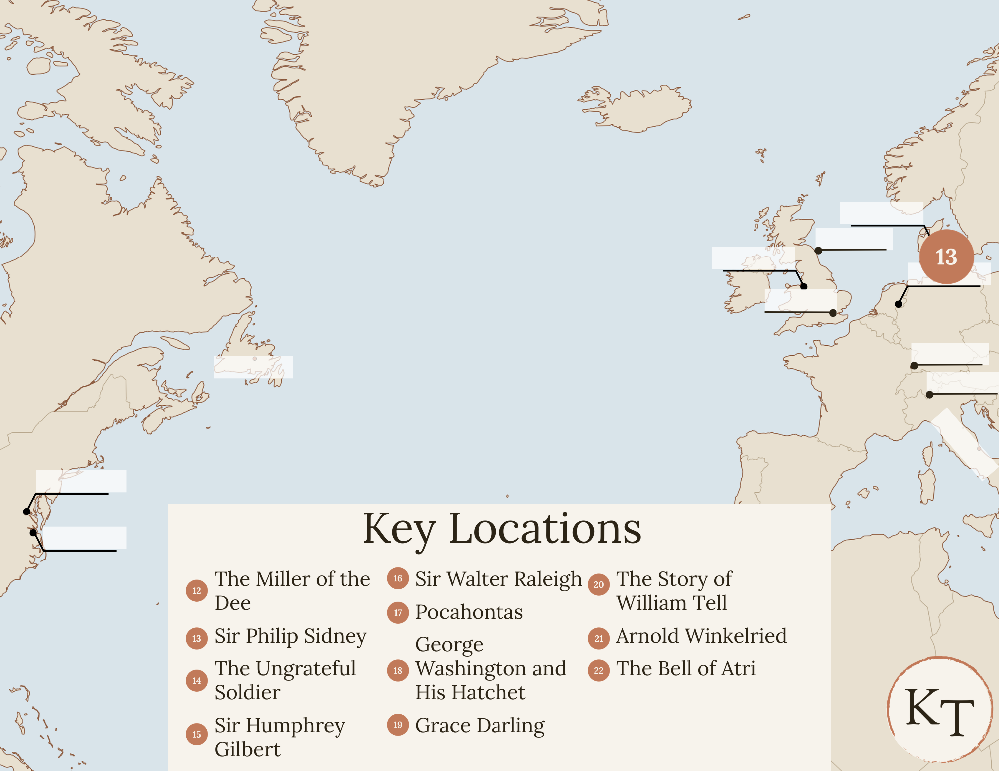 Key Locations map for Fifty Famous Stories Retold Chapter 13, with Netherlands marked