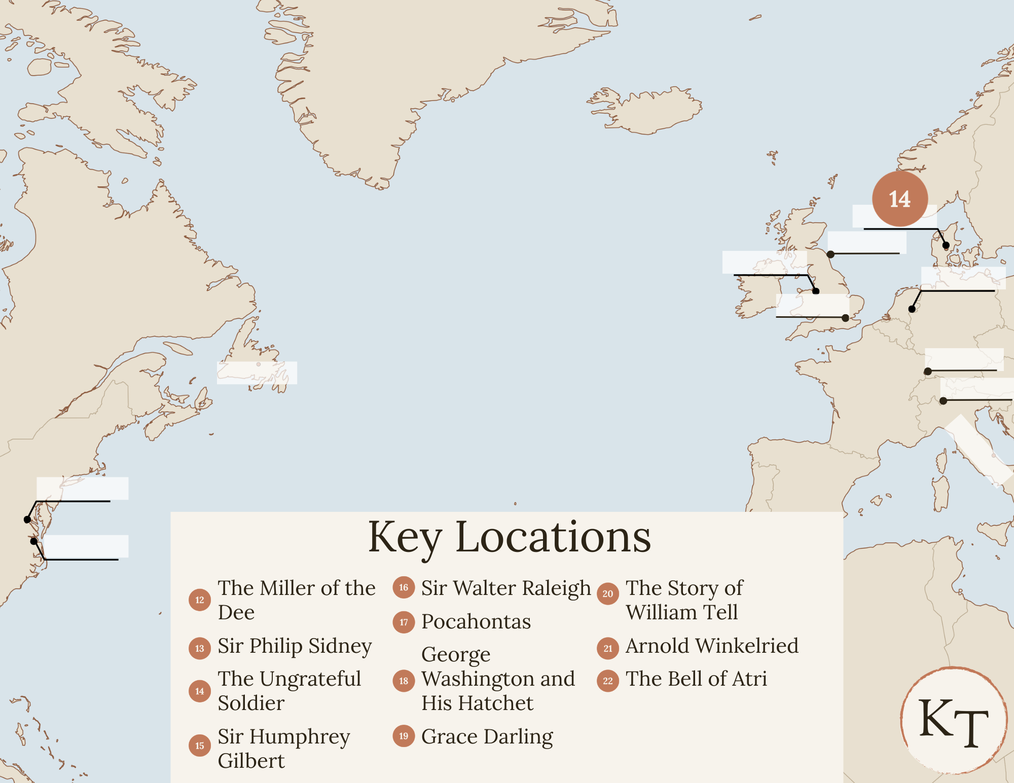 Key Locations map for Fifty Famous Stories Retold Chapter 14, with Denmark marked