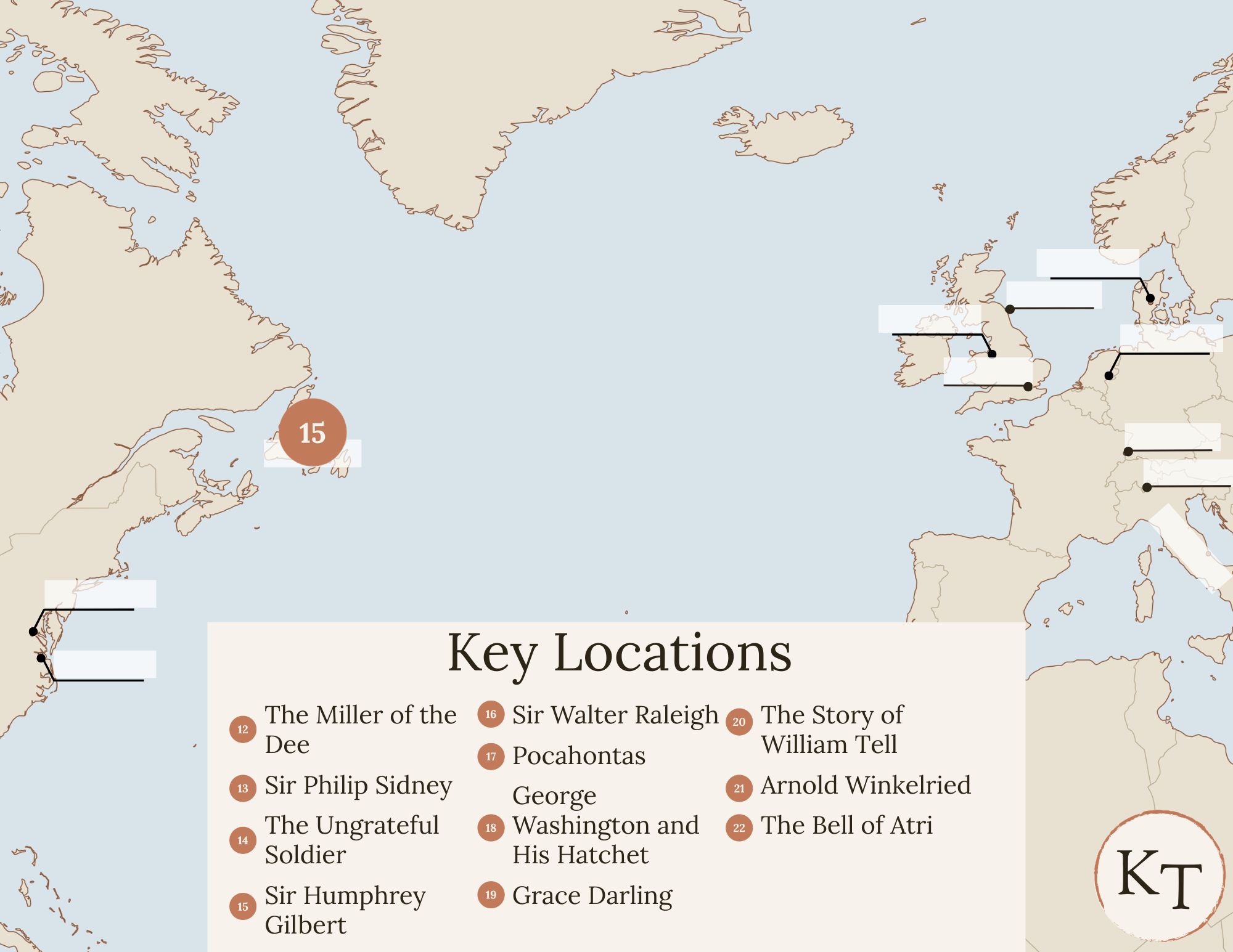 Key Locations map for Fifty Famous Stories Retold Chapter 15, with Newfoundland marked