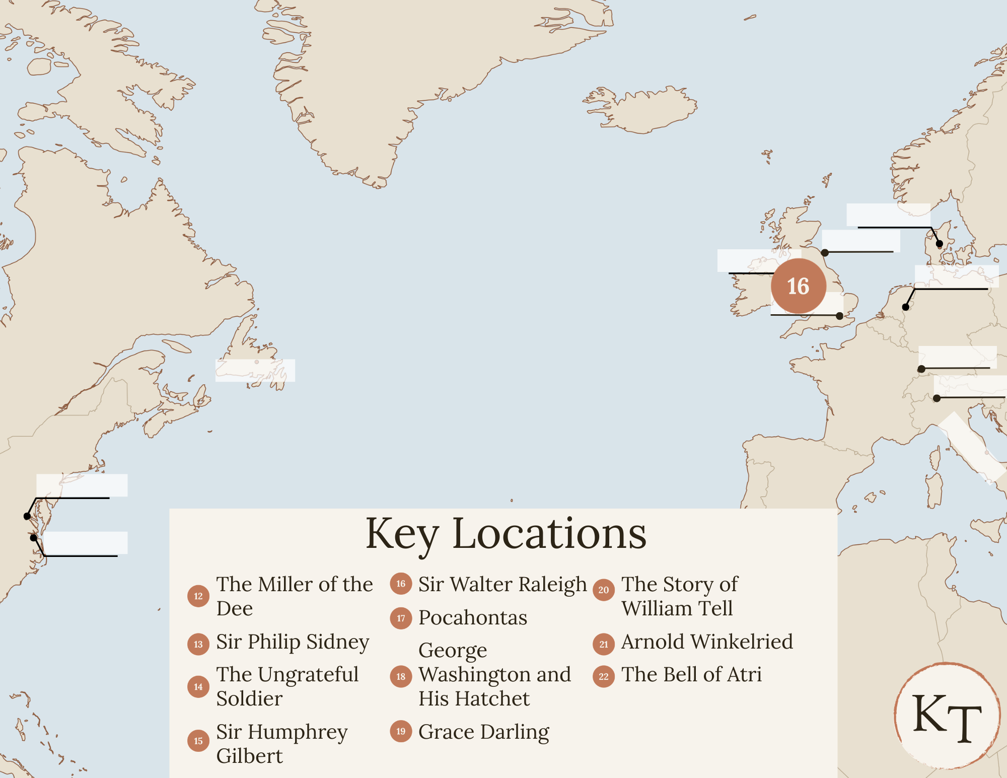 Key Locations map for Fifty Famous Stories Retold Chapter 16, with London marked