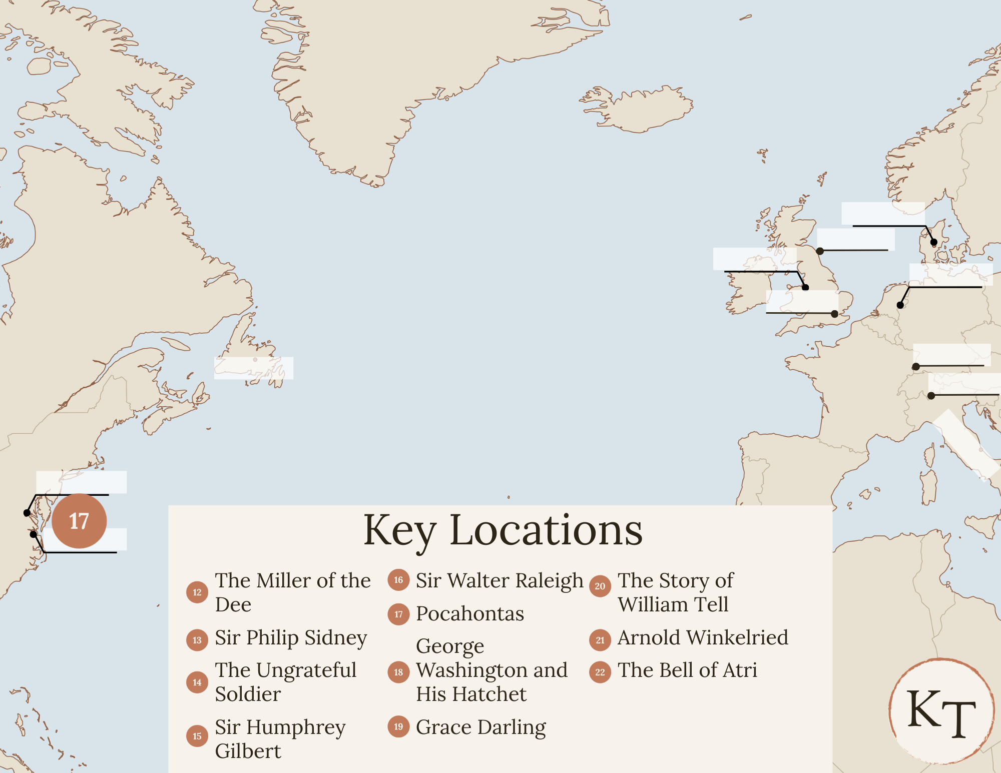 Key Locations map for Fifty Famous Stories Retold Chapter 17, with Jamestown, Virginia marked