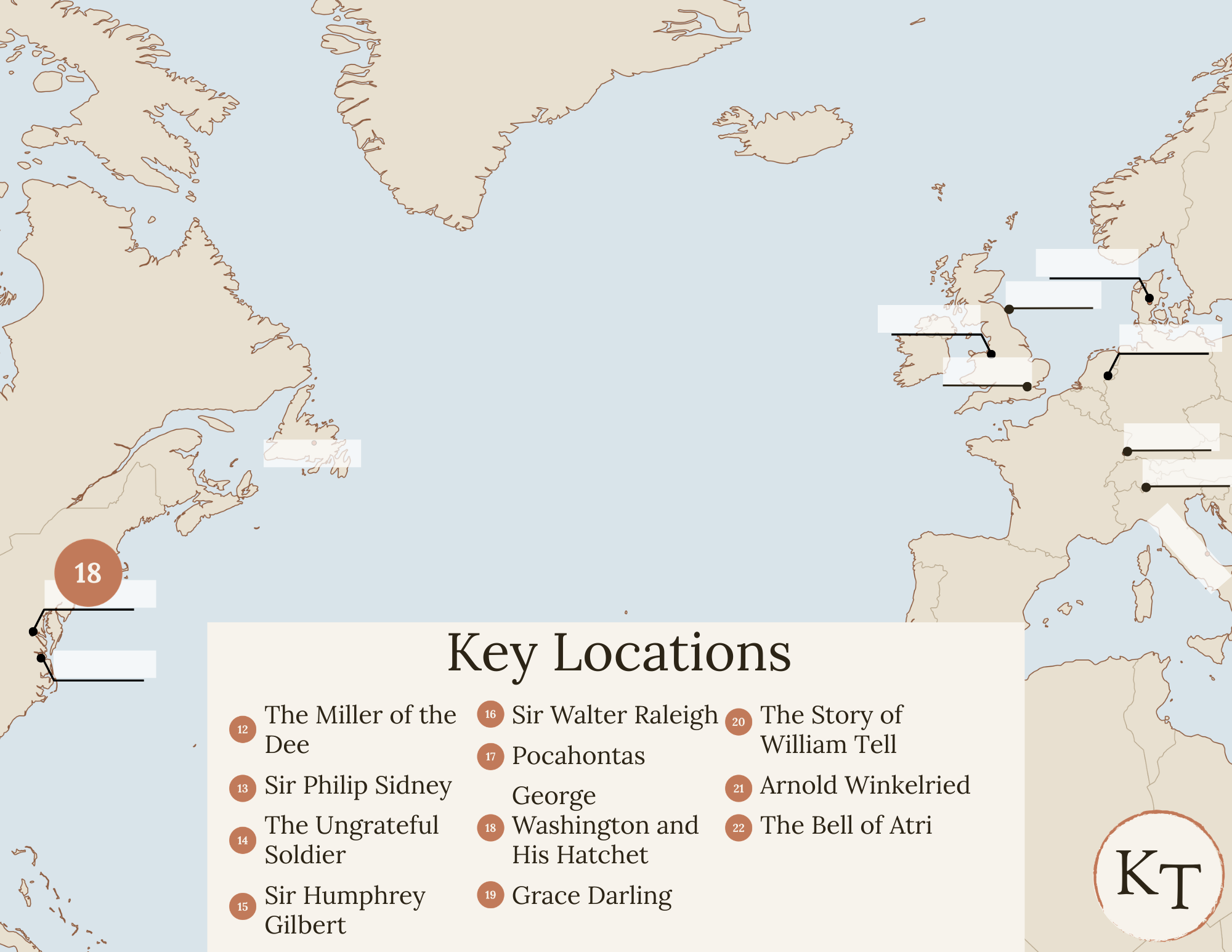 Key Locations map for Fifty Famous Stories Retold Chapter 18, with Fredericksburg, VA marked