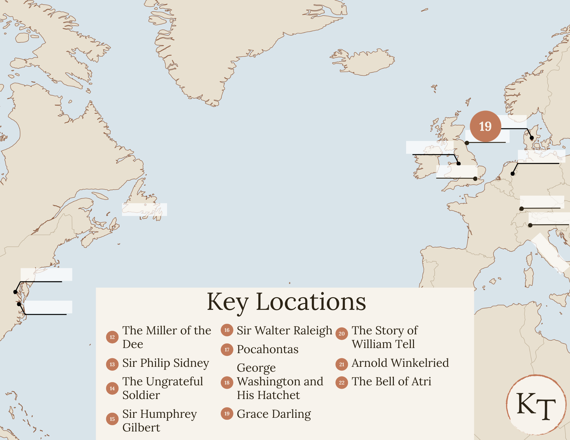 Key Locations map for Fifty Famous Stories Retold Chapter 19, with Farne Islands marked
