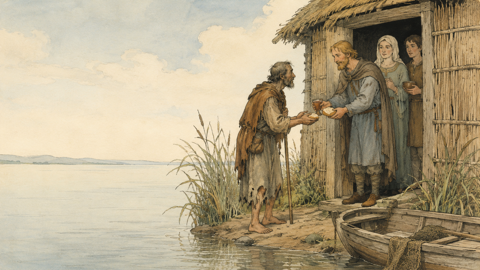 Illustration for Fifty Famous Stories Retold Chapter 2, King Alfred and the Beggar