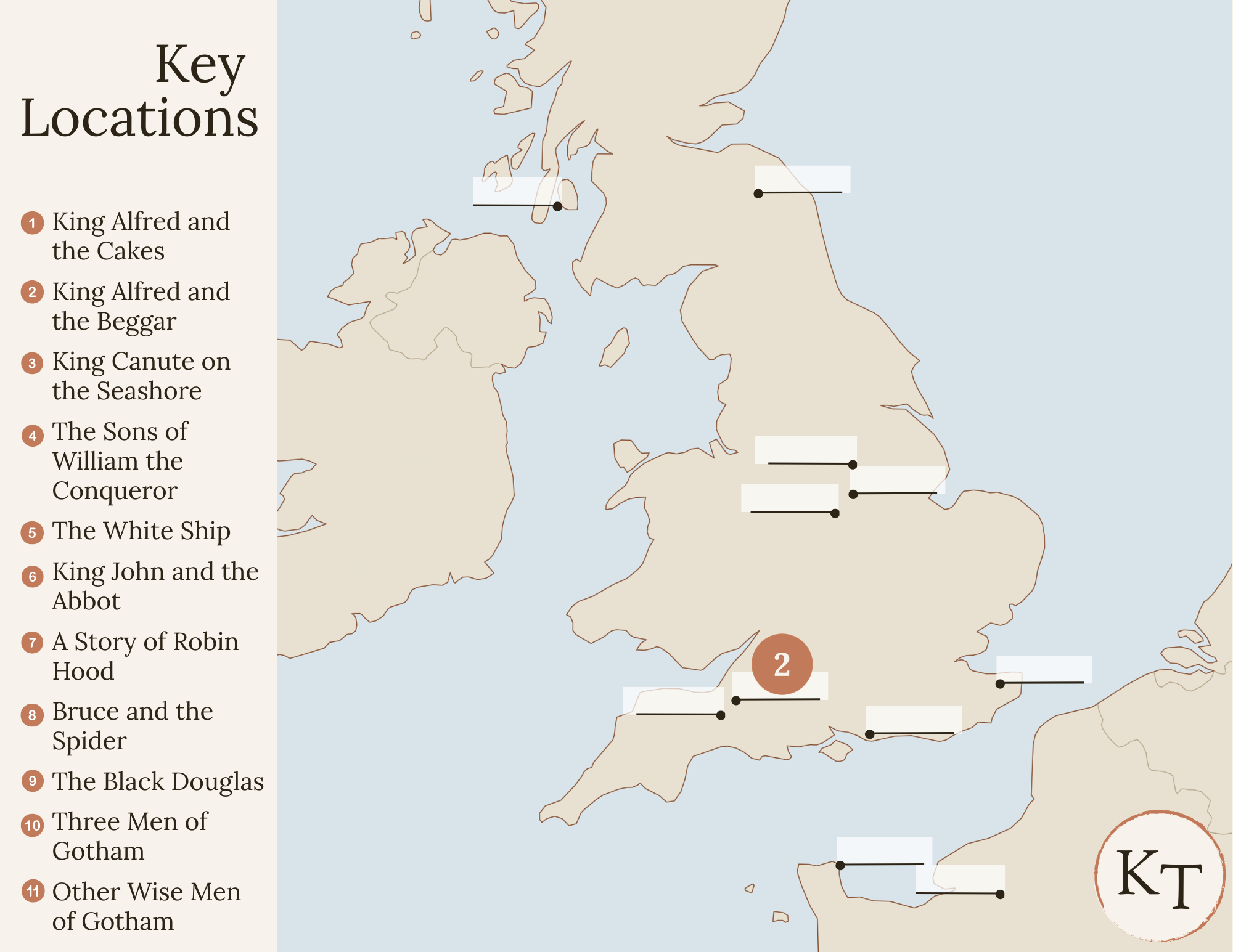 Key Locations map for Fifty Famous Stories Retold Chapter 2, with Athelney Island marked