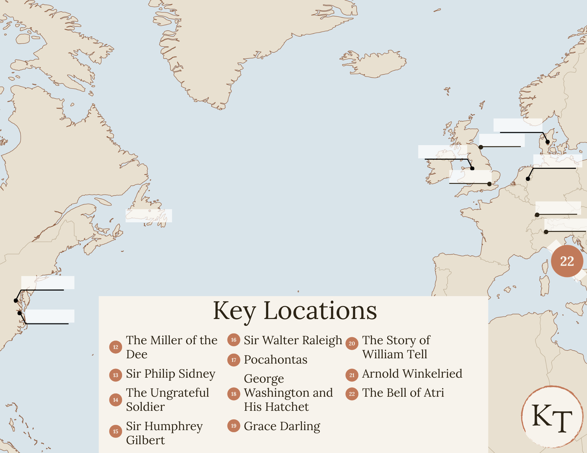 Key Locations map for Fifty Famous Stories Retold Chapter 22, with Italy marked