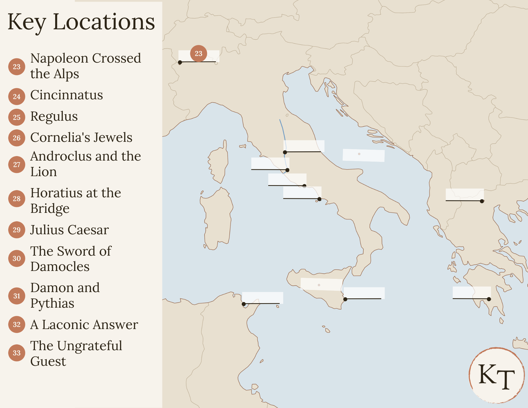 Key Locations map for Fifty Famous Stories Retold Chapter 23, with the Alps marked