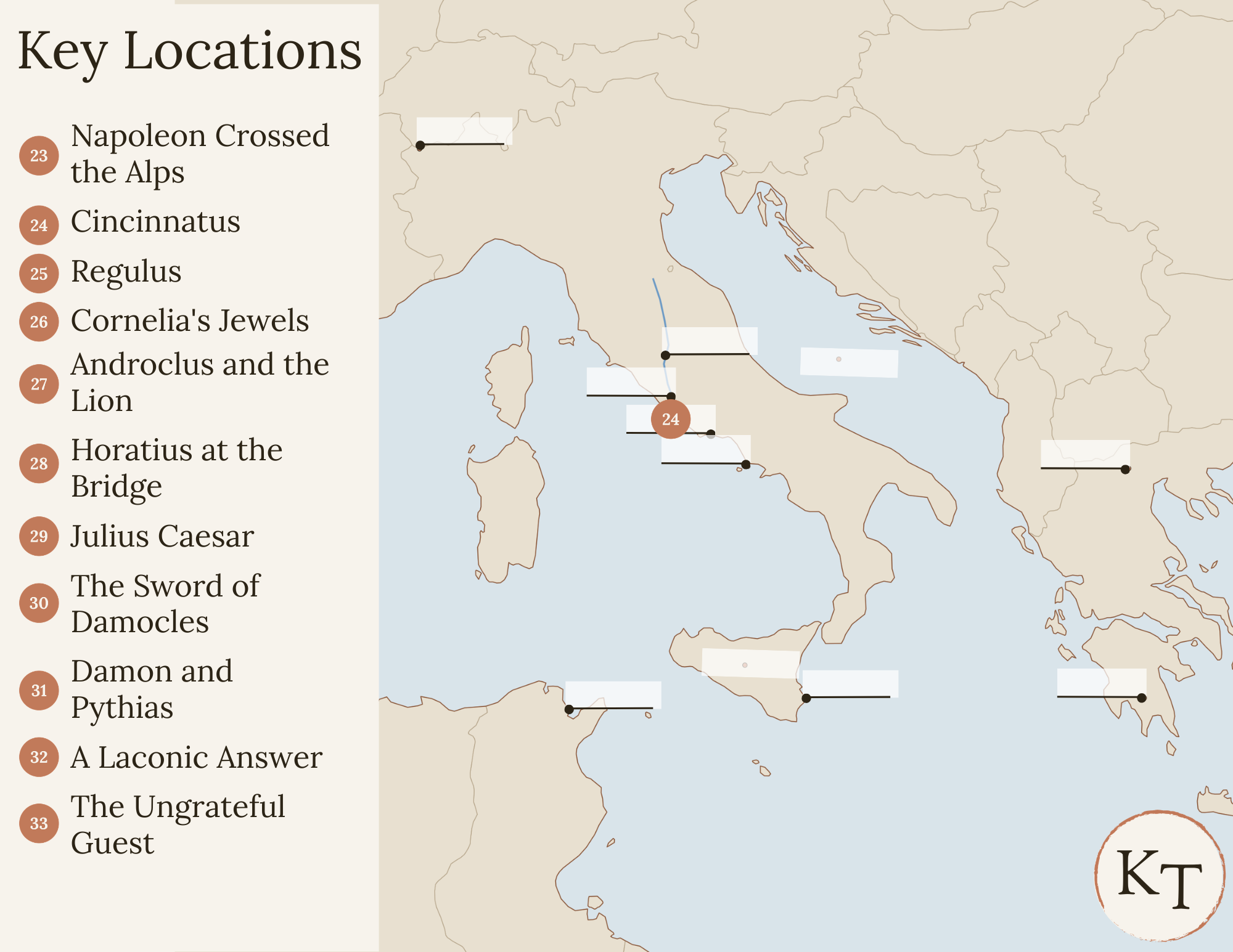 Key Locations map for Fifty Famous Stories Retold Chapter 24, with the Alban Hills marked