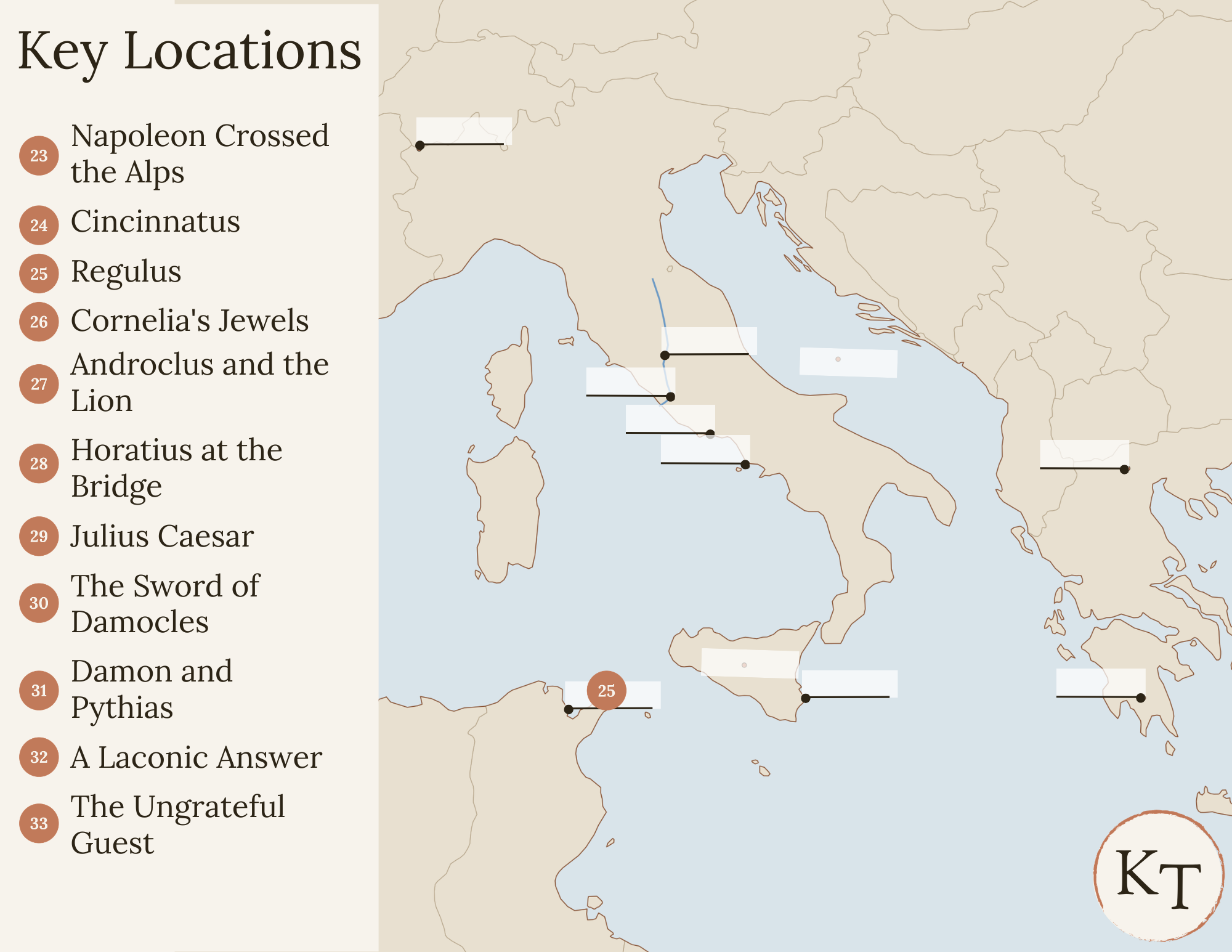 Key Locations map for Fifty Famous Stories Retold Chapter 25, with Carthage marked