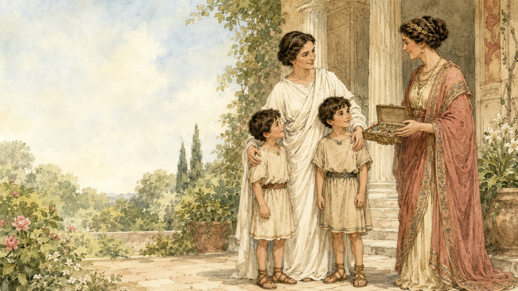 Illustration for Fifty Famous Stories Retold Chapter 26, Cornelia's Jewels