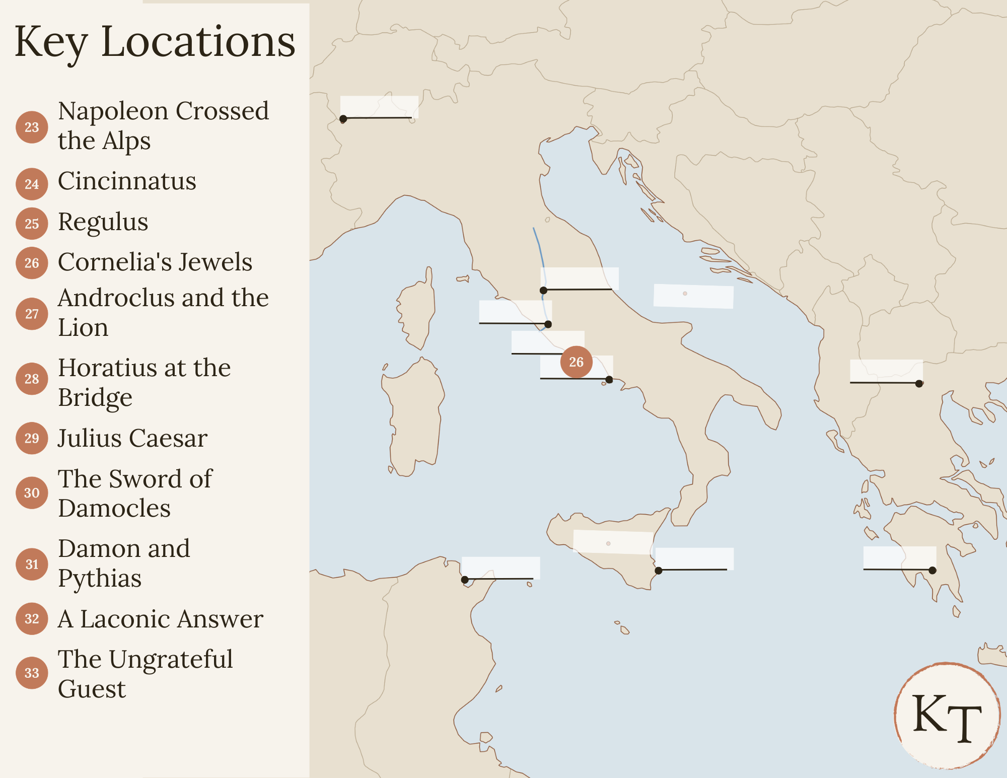 Key Locations map for Fifty Famous Stories Retold Chapter 26, with Misenum marked