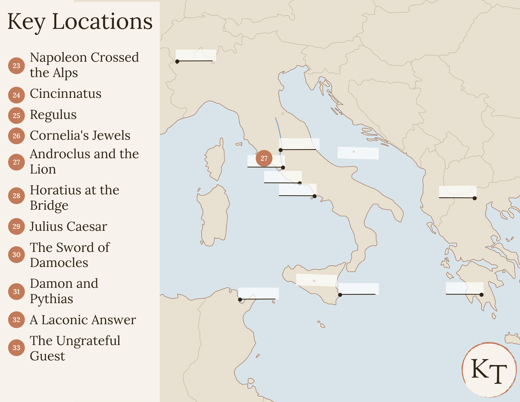 Key Locations map for Fifty Famous Stories Retold Chapter 27, with Rome marked