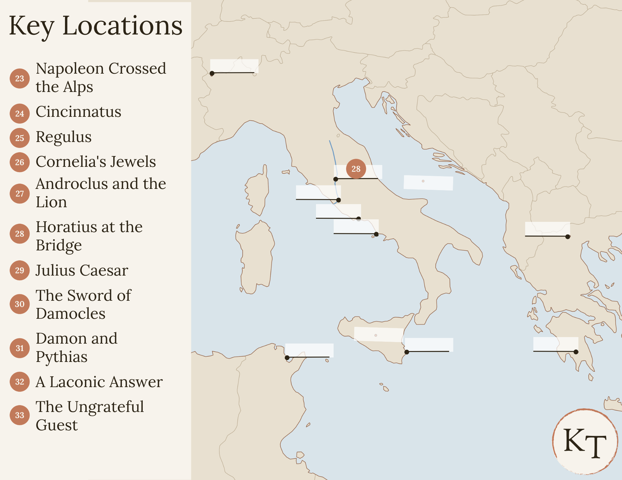 Key Locations map for Fifty Famous Stories Retold Chapter 28, with the Tiber River marked