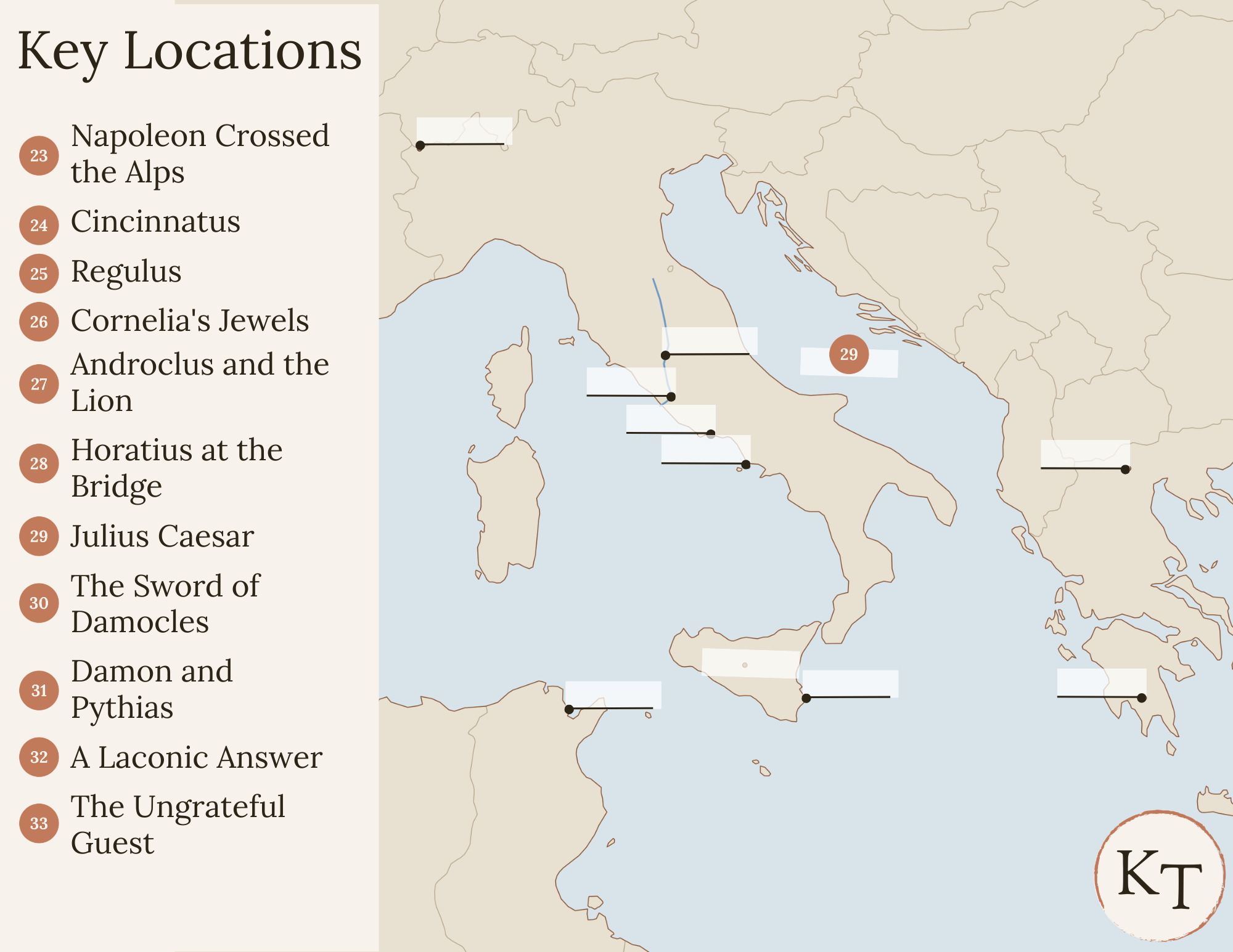 Key Locations map for Fifty Famous Stories Retold Chapter 29, with the Adriatic Sea marked