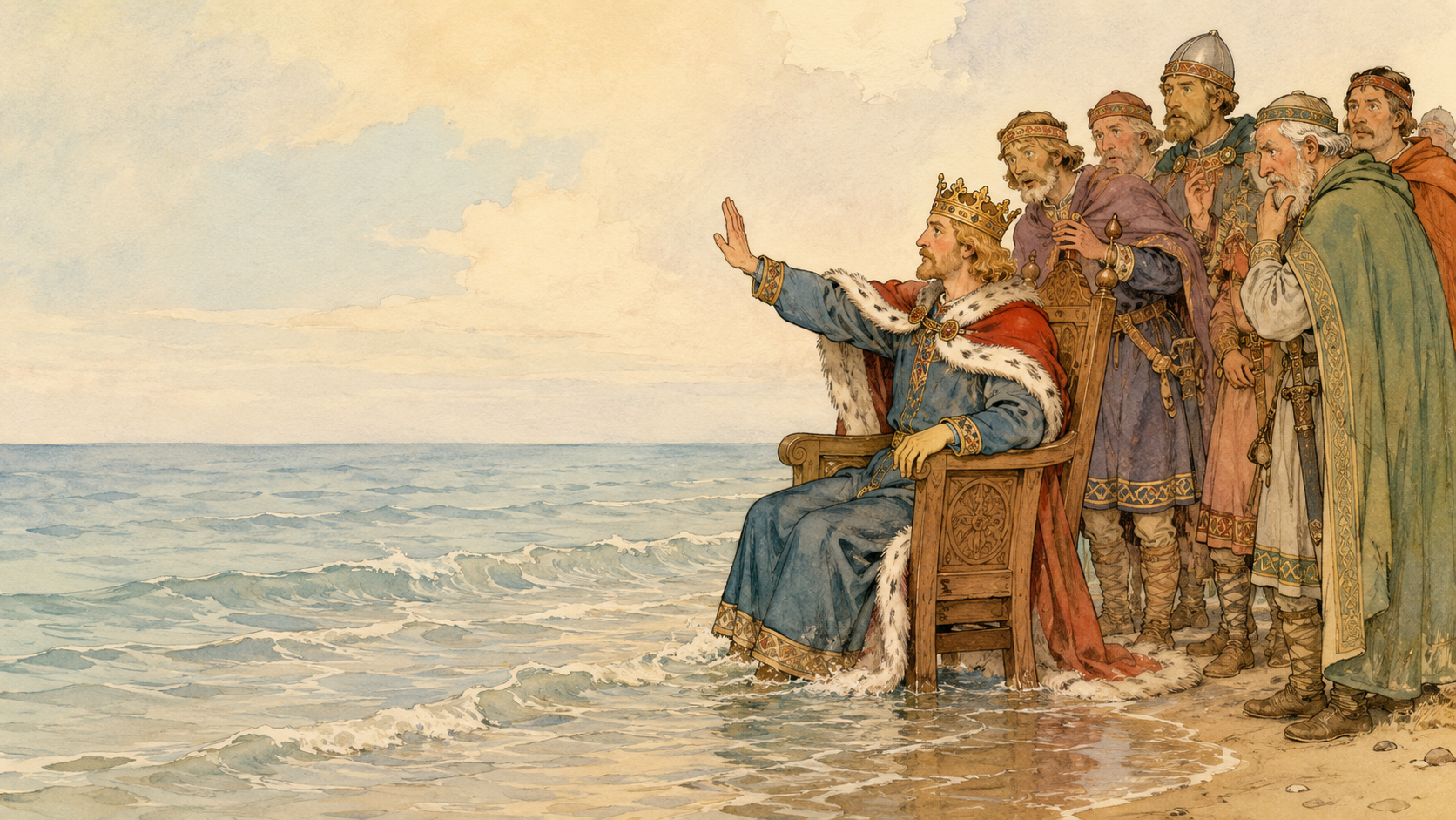 Illustration for Fifty Famous Stories Retold Chapter 3, King Canute on the Seashore