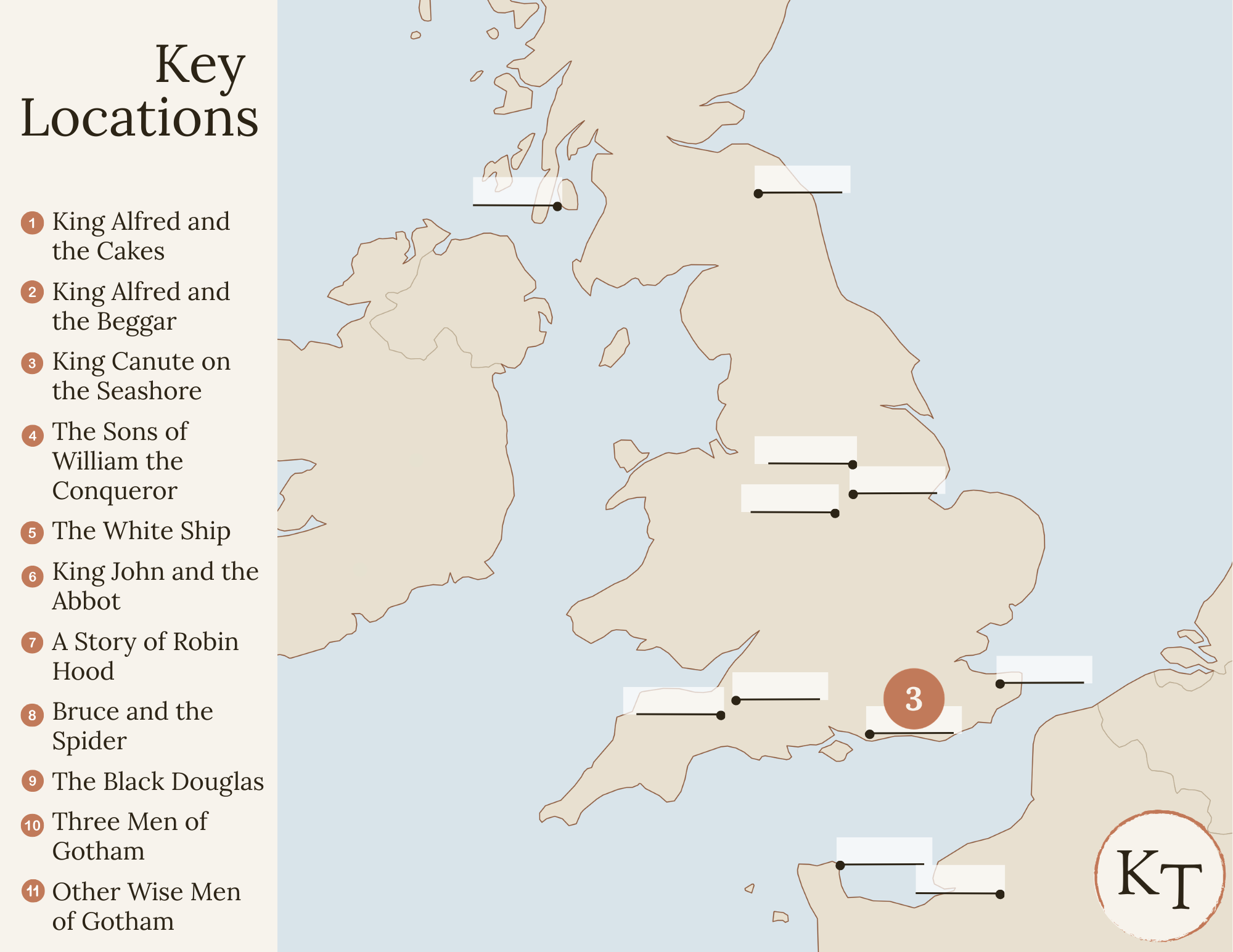 Key Locations map for Fifty Famous Stories Retold Chapter 3, with Bosham marked
