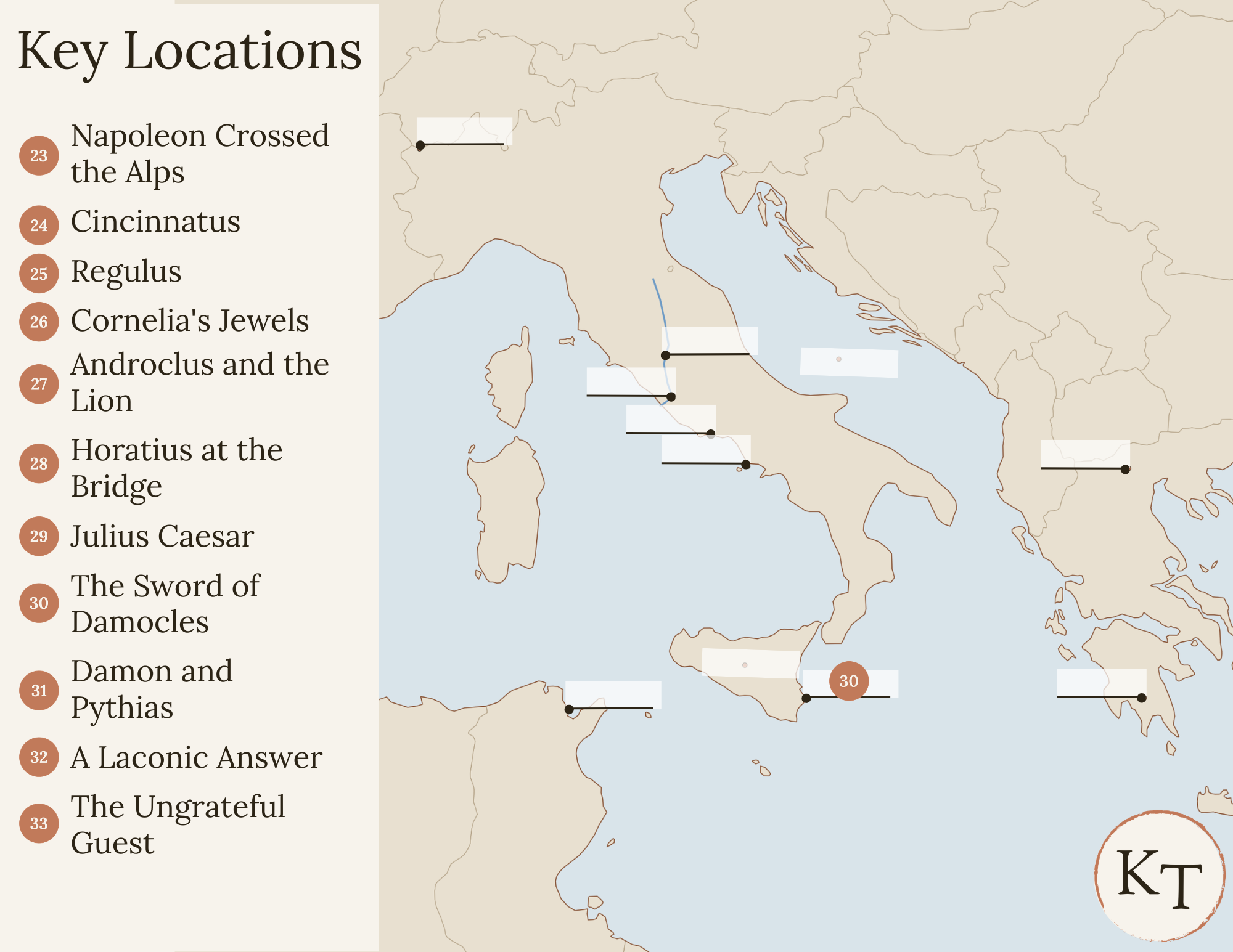 Key Locations map for Fifty Famous Stories Retold Chapter 30, with Syracuse marked