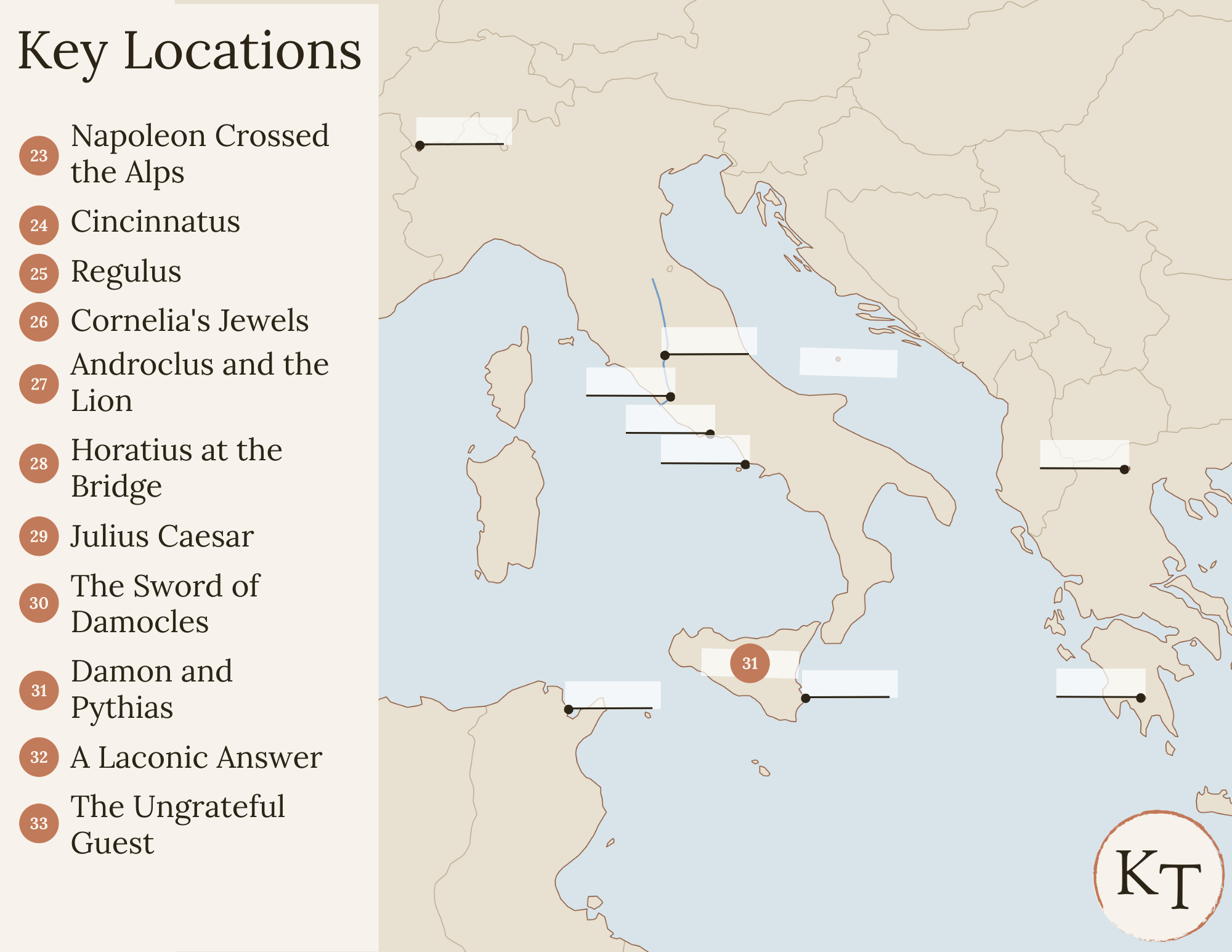 Key Locations map for Fifty Famous Stories Retold Chapter 31, with Sicily marked