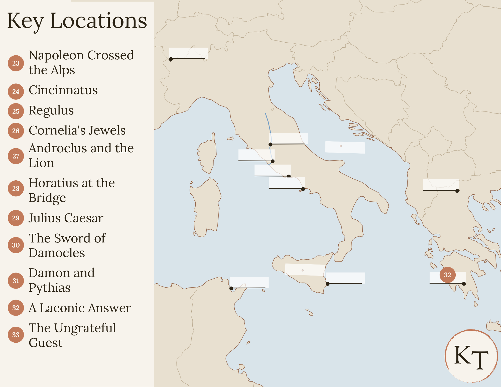 Key Locations map for Fifty Famous Stories Retold Chapter 32, with Sparta marked