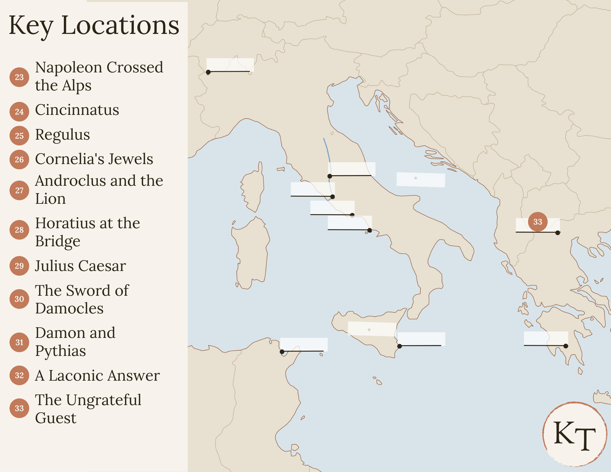 Key Locations map for Fifty Famous Stories Retold Chapter 33, with Macedonia marked