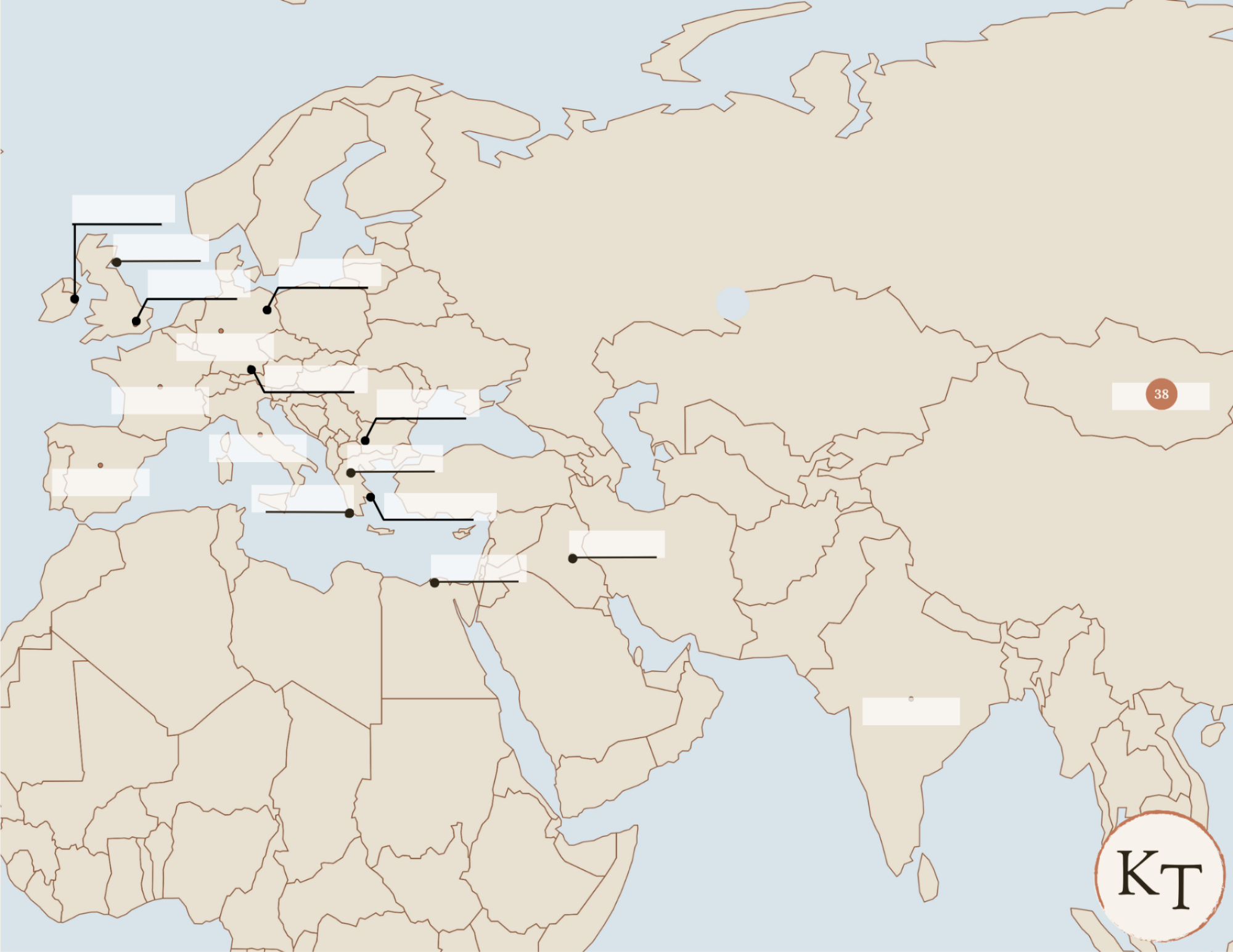 Key Locations map for Fifty Famous Stories Retold Chapter 38, with Mongolia marked